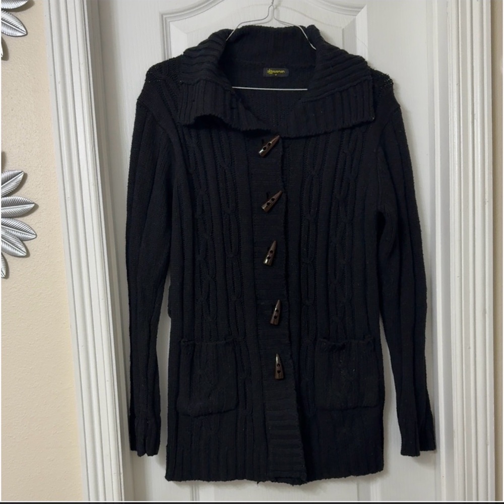 Skywoman black cable knit cardigan toggle buttons pockets size M